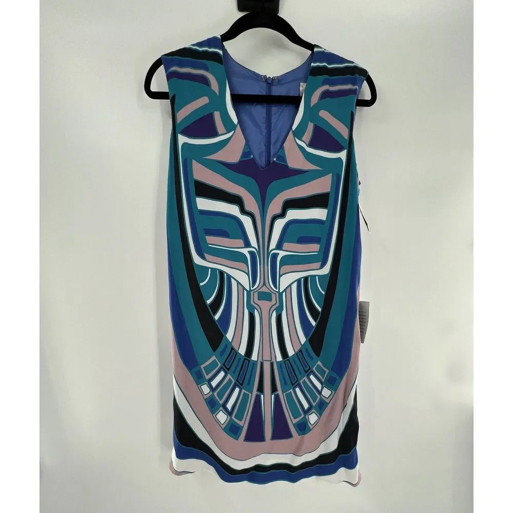 P Nicole Miller Artelier Blue Tribal Geometric Print Mini Sheath Dress Sz Petite - Picture 2 of 16